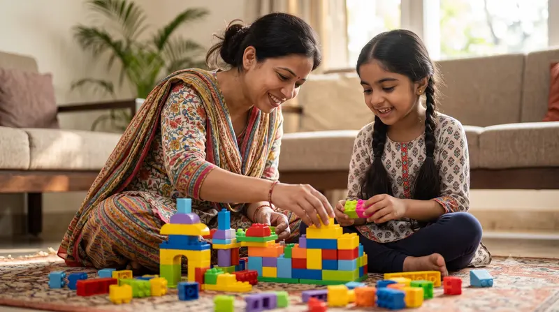 Picture made by AI: a mother and daughter laughing as they build with blocks