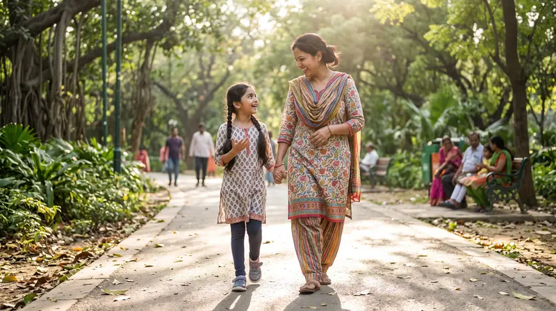 Picture made by AI: a mother and daughter walking hand in hand in a park